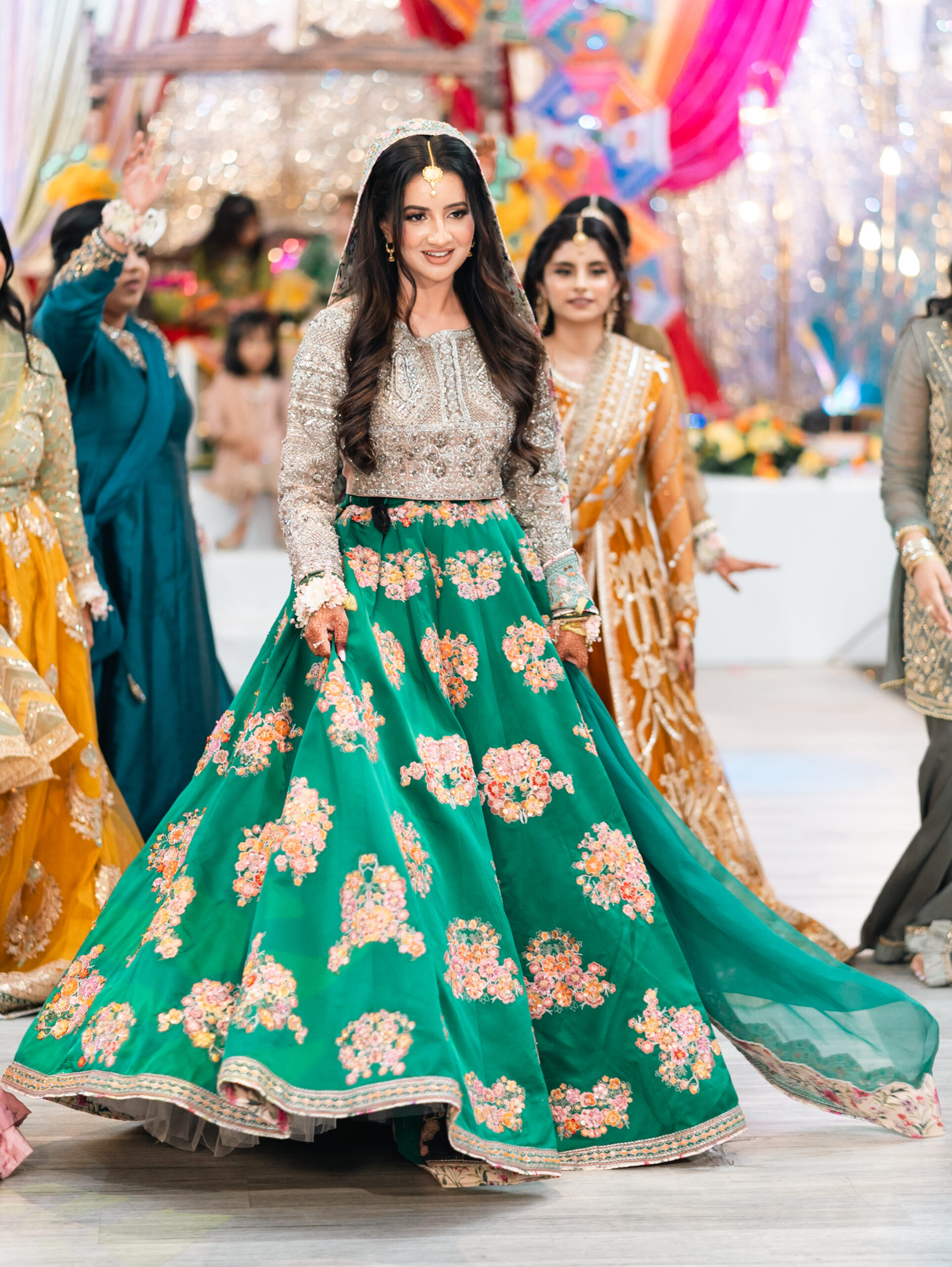 Hamza-Namoos-Bride-Mehndi-Entrance-Green-Lehenga-GTA