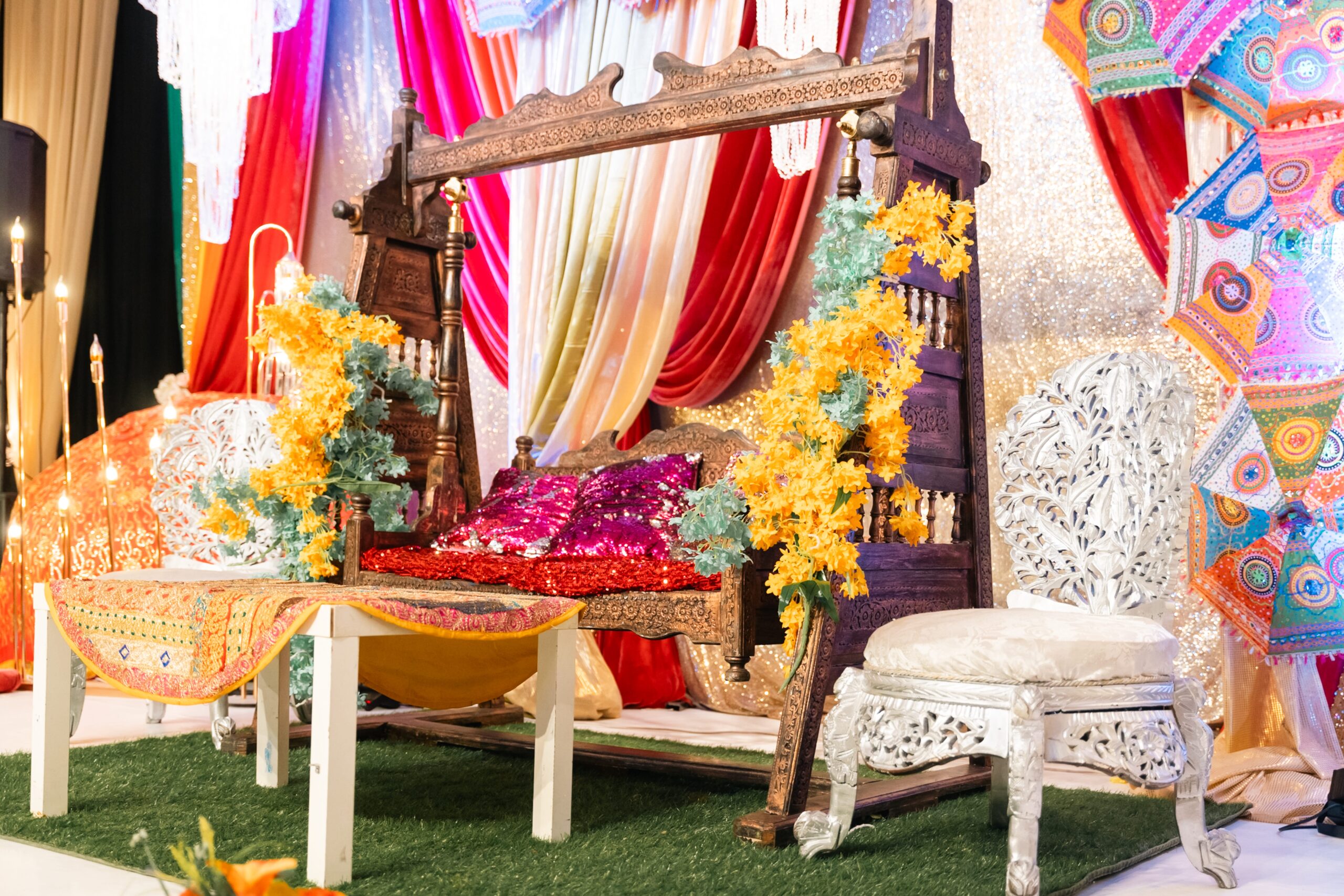 Hamza-Namoos-Mehndi-Stage-Swing-Yellow-Flowers-Grand-Celebration